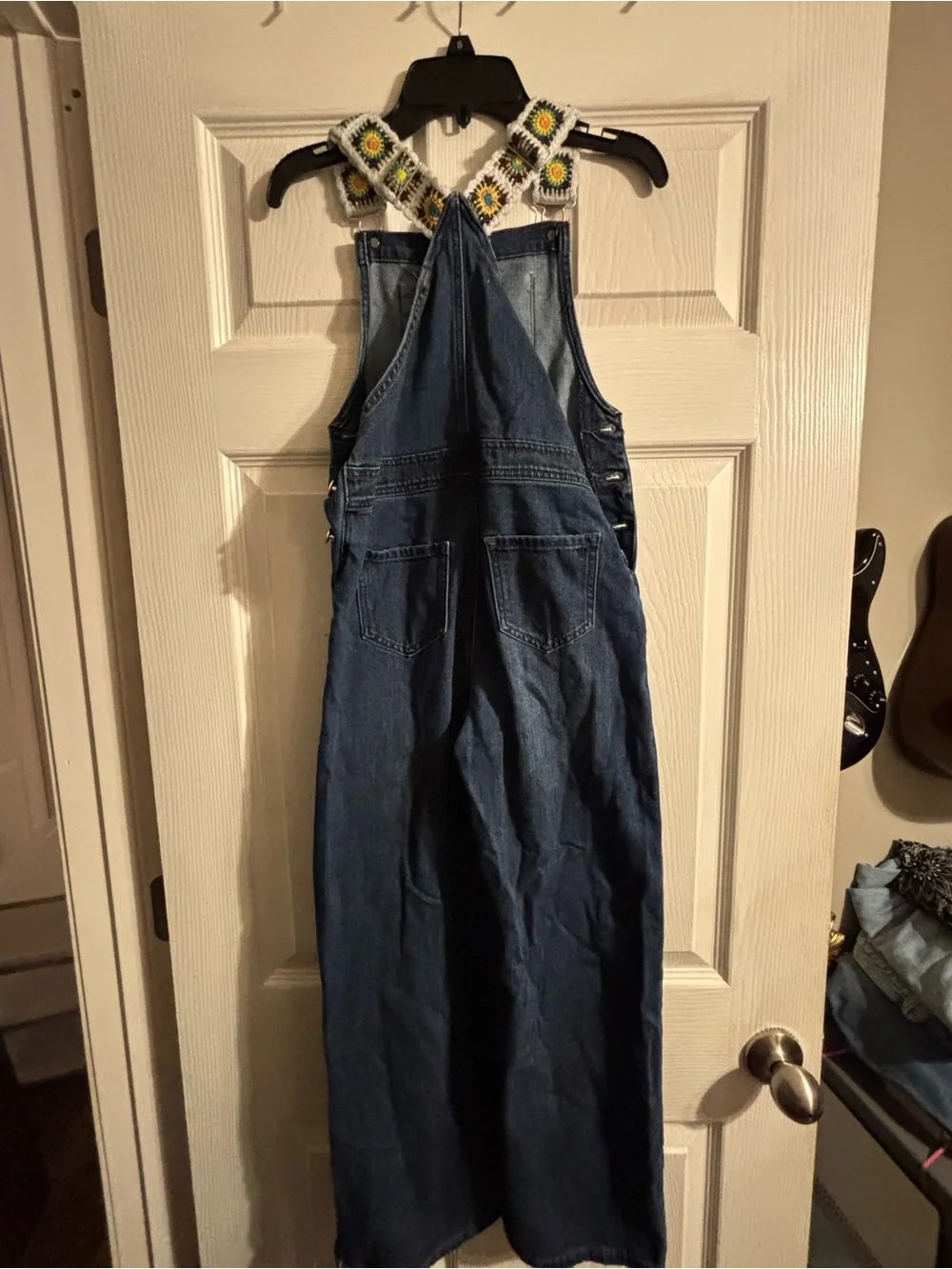 Denim Overalls with Crocheted Sunflower Patch - Blue